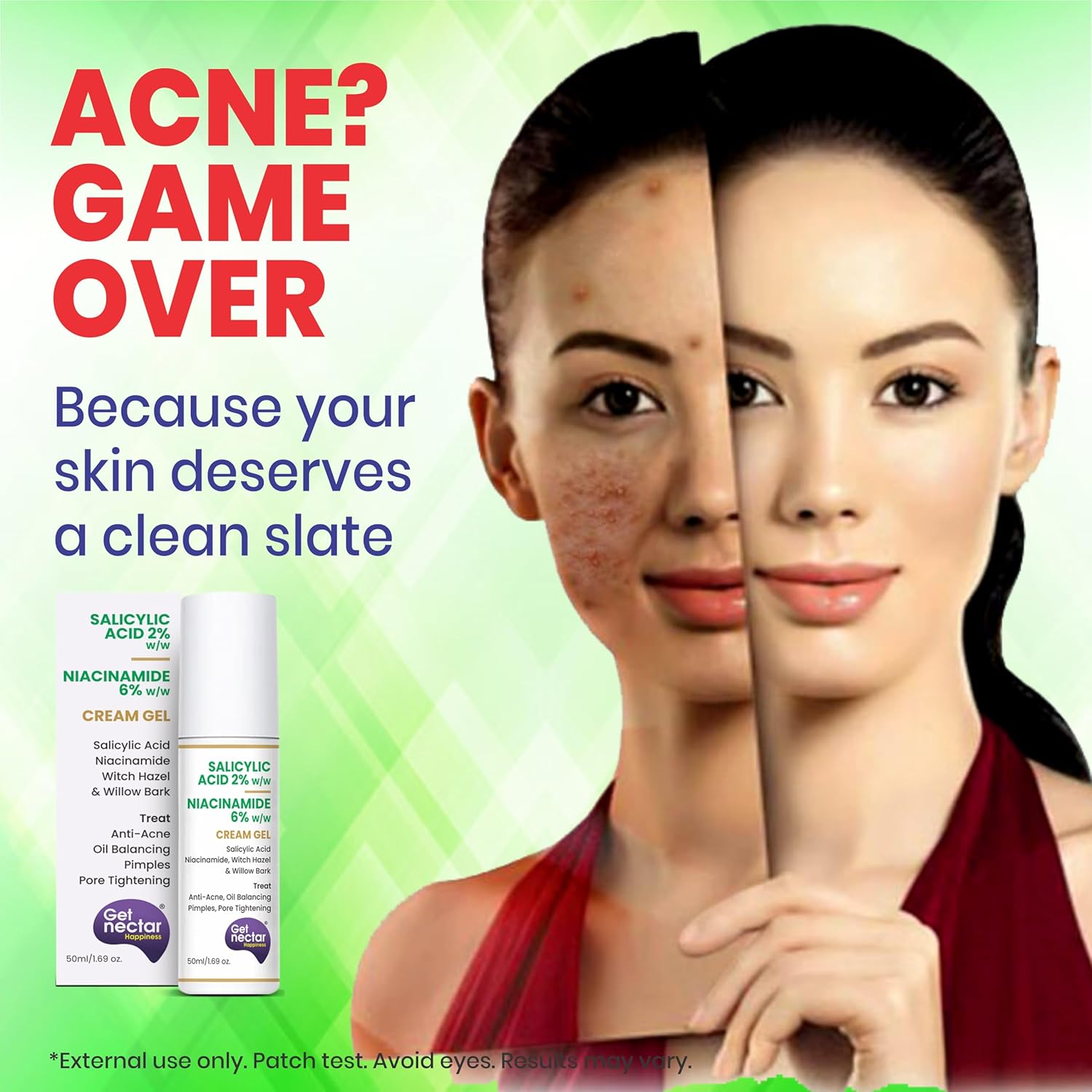 Advertisement for skin care product showing a before-and-after comparison of a woman's face.