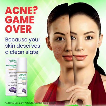 Advertisement for skin care product showing a before-and-after comparison of a woman's face.