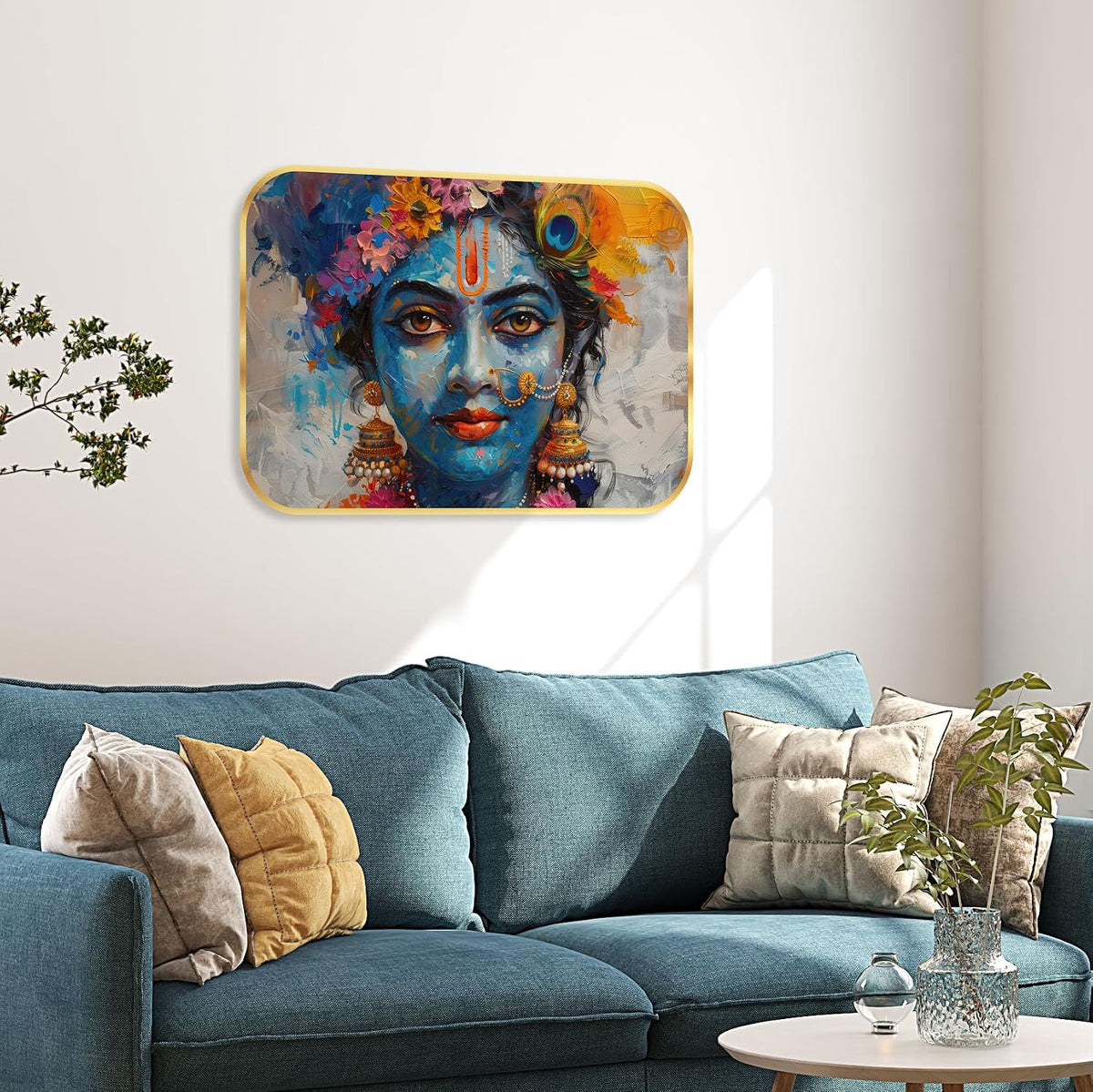 krishna religious modern art Premium Sparkle Lamination Finished Surface Golden Slim Frame 35 cm x 28 cm Large Size, For Home/Office/Hotel painting KG61