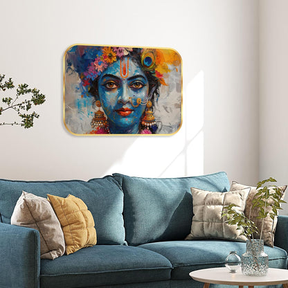 krishna religious modern art Premium Sparkle Lamination Finished Surface Golden Slim Frame 35 cm x 28 cm Large Size, For Home/Office/Hotel painting KG61