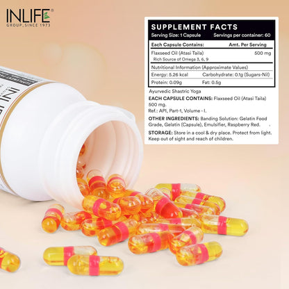 INLIFE Flaxseed Oil Omega 3 6 9 Fatty Acid Supplement - Extra Virgin Cold Pressed 500 mg - 60 Capsules