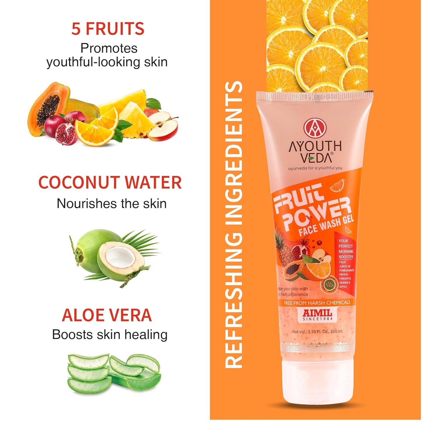 Ayouthveda Fruit Power Brightening Gel Face Wash | For Glowing Skin, Reduce Dark Spot & Blemishes | With Vitamins A, C & Antioxidants | 100ml (Pack of 1)