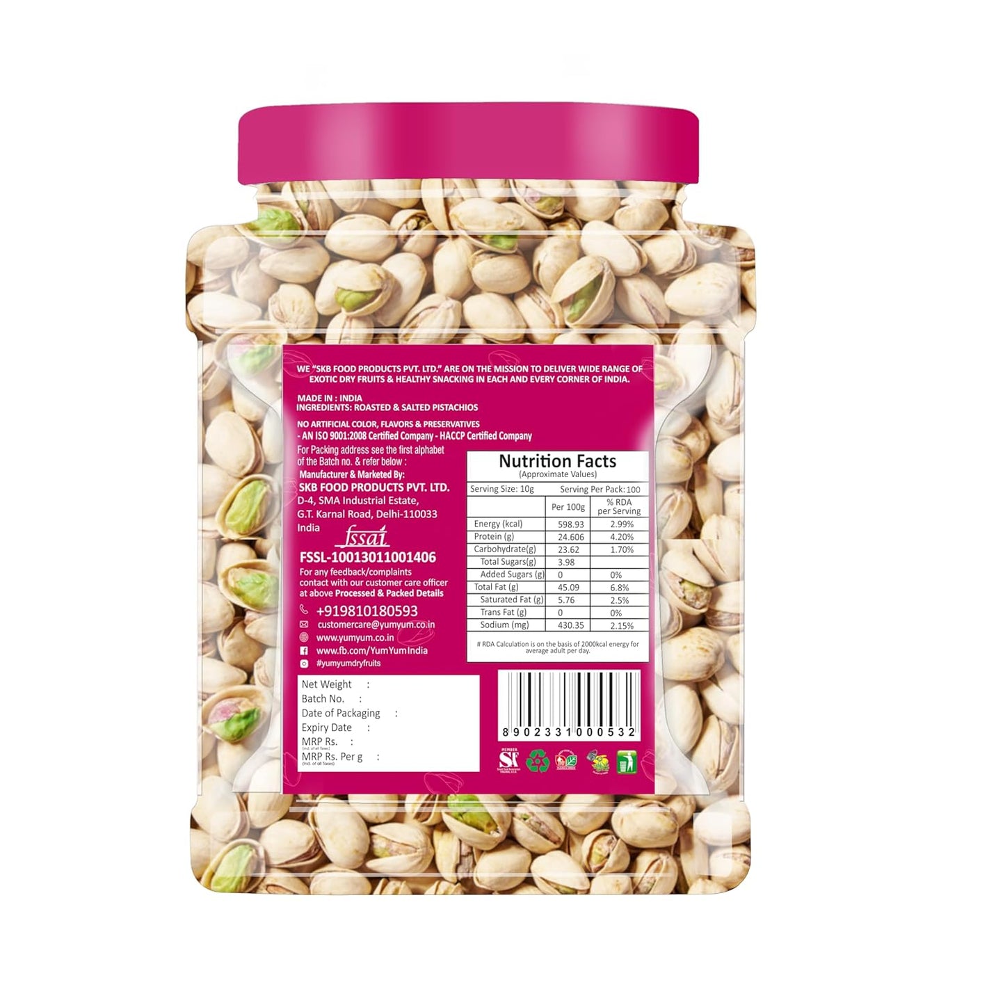 YUM YUM Pistachios Roasted & Salted, Pista, 1kg Jar, Rich In Protein, Phosphorus, & Dietary Fibre, Premium Nuts & Dry Fruits, Crunchy & Delicious Healthy Snack