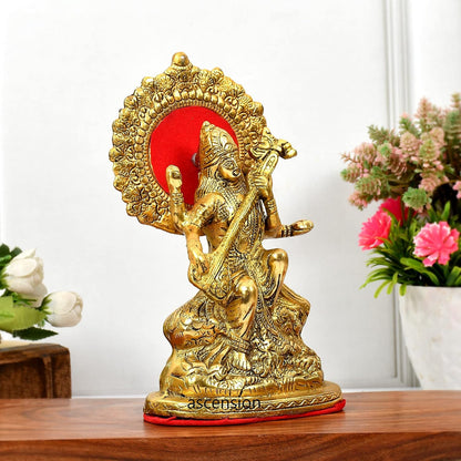 Gold Plated Saraswati Maa Metal Idol, Hindu Goddess Saraswati MATA Murti for Pooja Room Home Study Room Table Decorative,Showpiece Figurines,Religious Idol Gift