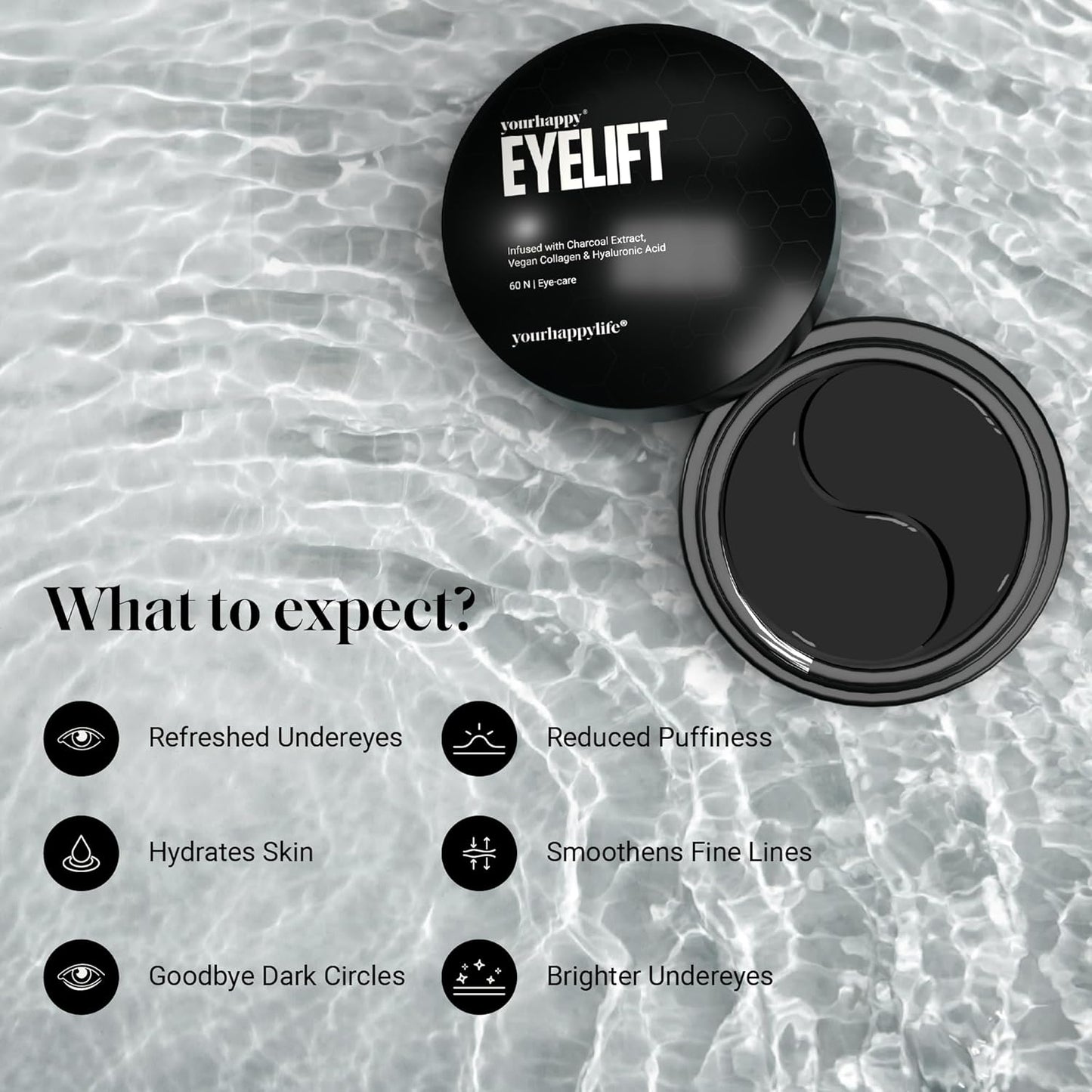 YourHappyLife Hydrogel Under Eye Patches For Dark Circles & Puffiness Reduction with Charcoal and Collagen, Reduces Fine Lines | Hydrates skin & Instant Cooling Effect | Vegan | 60 Patches.
