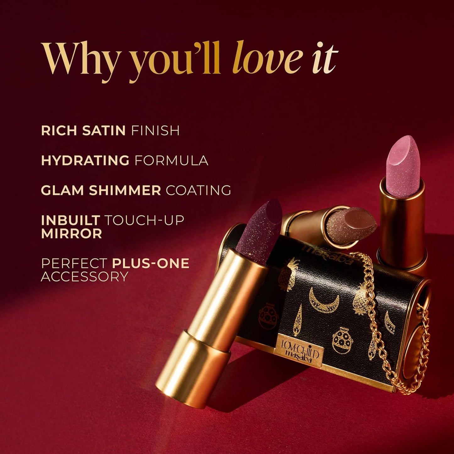 LoveChild Masaba "The Batua" Lipstick, Gulaabo (Red) Rich Satin Finish Lipstick with Built-in Mirror, Hydrating, Nourishing Formula with Jojoba Oil, 4g