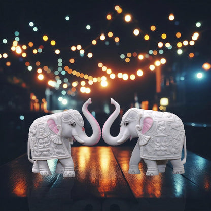 Pack of 2 White Elephant Showpieces Home Decor for Living Room, Table, Shelf, 2 x 3 inch Elephant Marble Resin Statue for Vastu, Feng Shui, Office Decor, Gifting