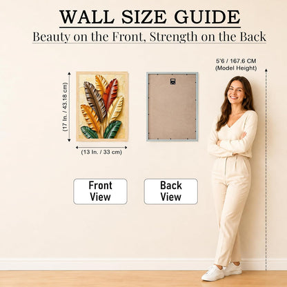 Modern Abstract 3D Textured Embossed Leaf Painting for Living Room, Warm Earth Tone Feather & Leaf Motifs Rectangular Shape Framed Wall Painting for Home Decor (Size: 13x17 Inch)