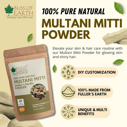 Bliss of Earth Multani Mitti Powder for Face | Natural Multani Mitti for Hair & Skin | Exfoliates, Soothes, Nourishes, Smoothens Skin & Supports Scalp Health | 100 gm