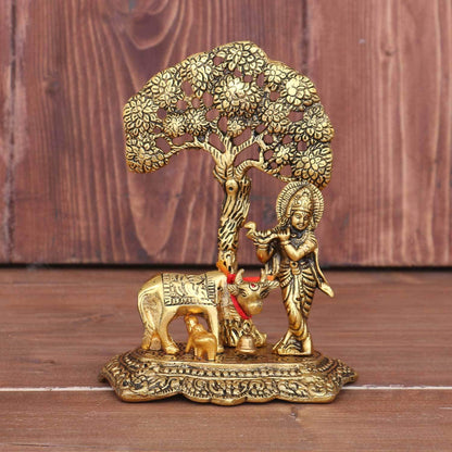 Premium Golden Finish Metal Krishna Playing Flute with Cow Sculpture, Decorative Hindu God Murti for Mandir, Office, Festive Gift and Home Decoration