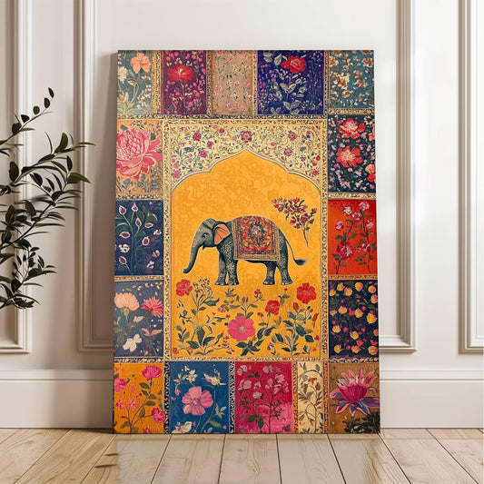 Elephant Vastu Madhubani Canvas Wall Painting for Living Room | Ethnic Indian Elephant Wall Art for Home Decor | Office Size :41x56 cm Gallary Wraped