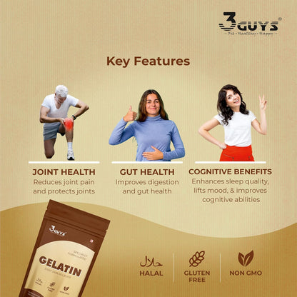 3 GUYS Edible Gelatin Powder 200g for Food & Cosmetic Use | Natural Joint Pain Reliever & Digestion Support | Unflavoured Base for DIY Peel-Off Face Masks & Hair Removal | Gluten-Free, Halal & Non-GMO for Graceful Aging