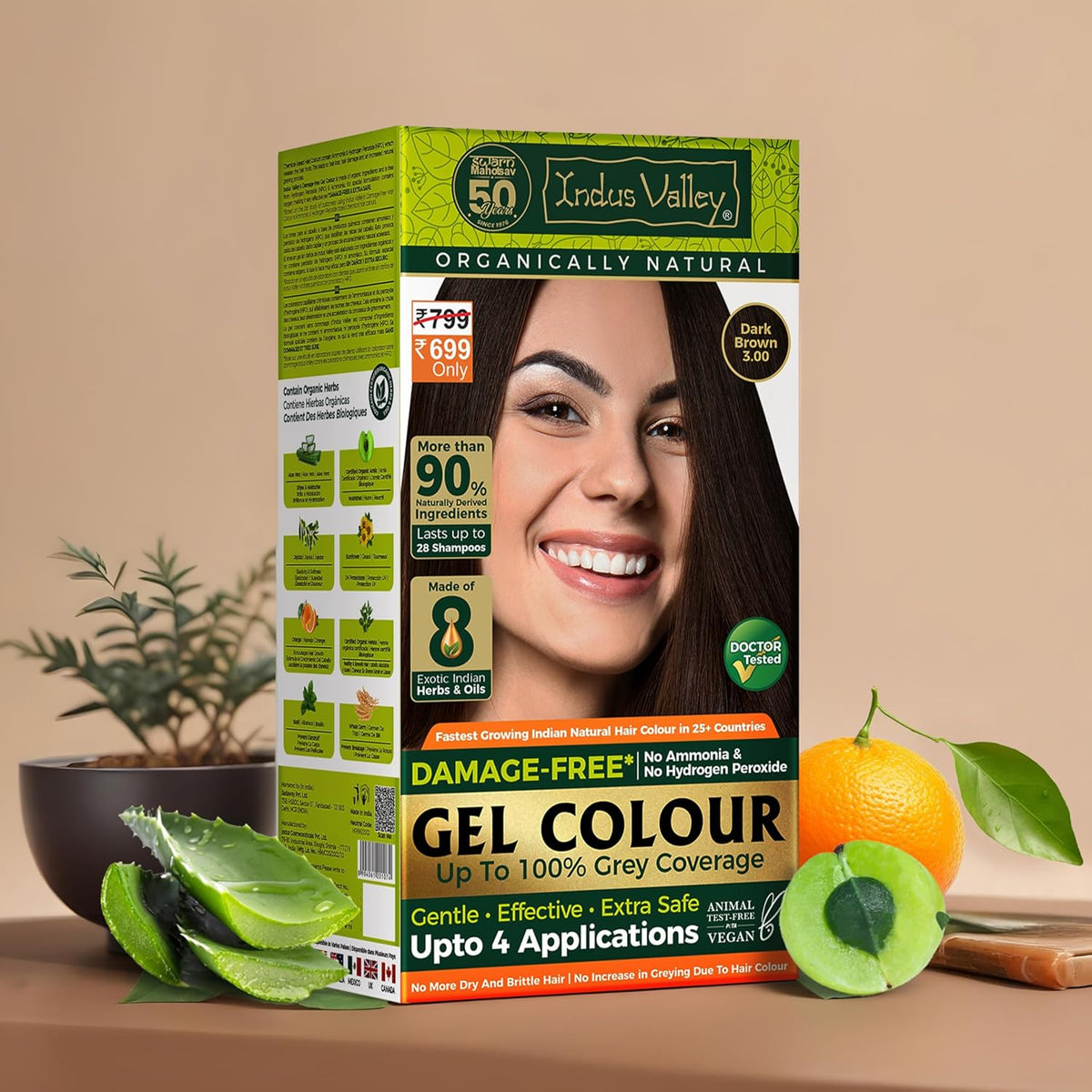 Indus Valley gel colour box with a woman's face on it, surrounded by natural products on a beige background.