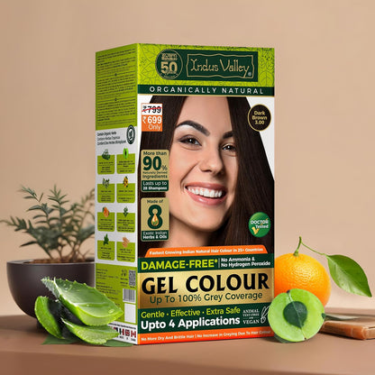 Indus Valley gel colour box with a woman's face on it, surrounded by natural products on a beige background.