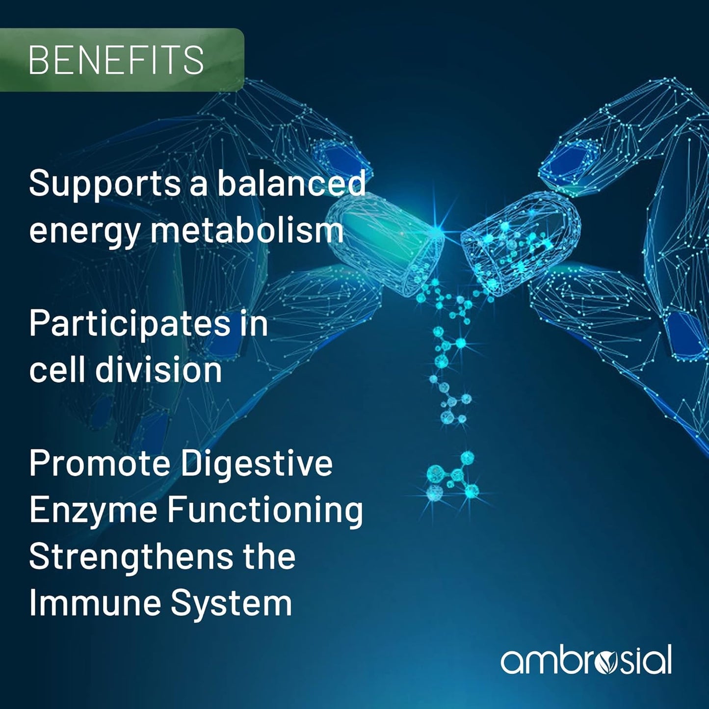 Blue molecular structure with text listing benefits on a dark blue background, featuring the brand 'ambrosial'.