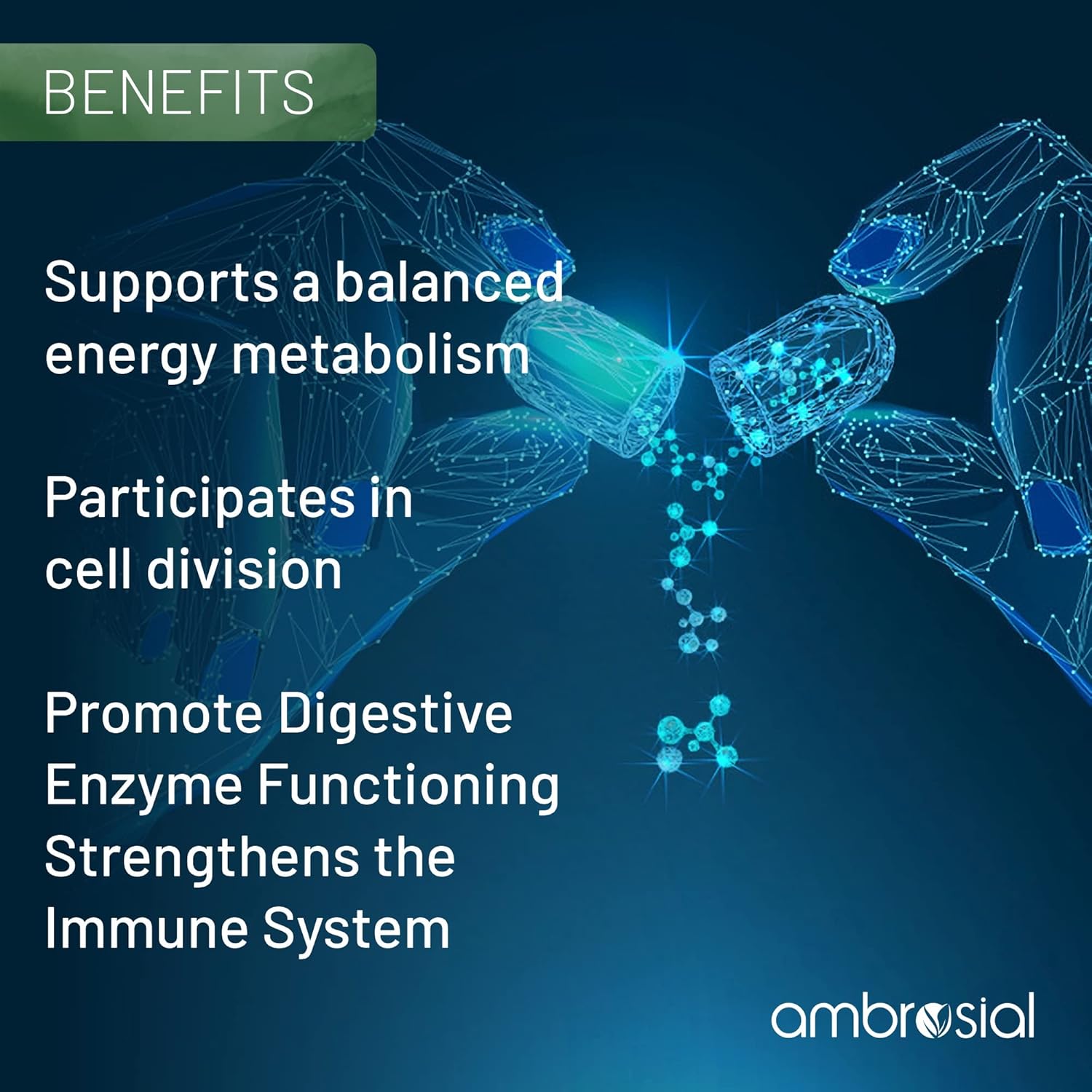 Blue molecular structure with text listing benefits on a dark blue background, featuring the brand 'ambrosial'.