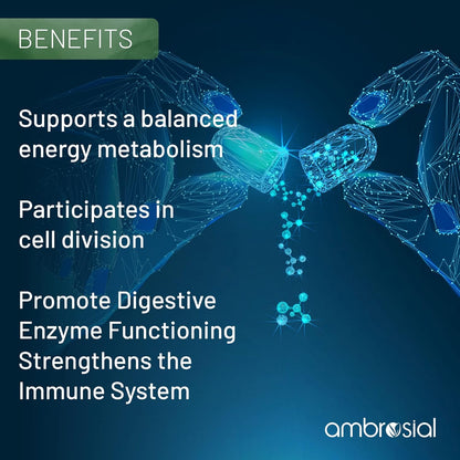 Blue molecular structure with text listing benefits on a dark blue background, featuring the brand 'ambrosial'.