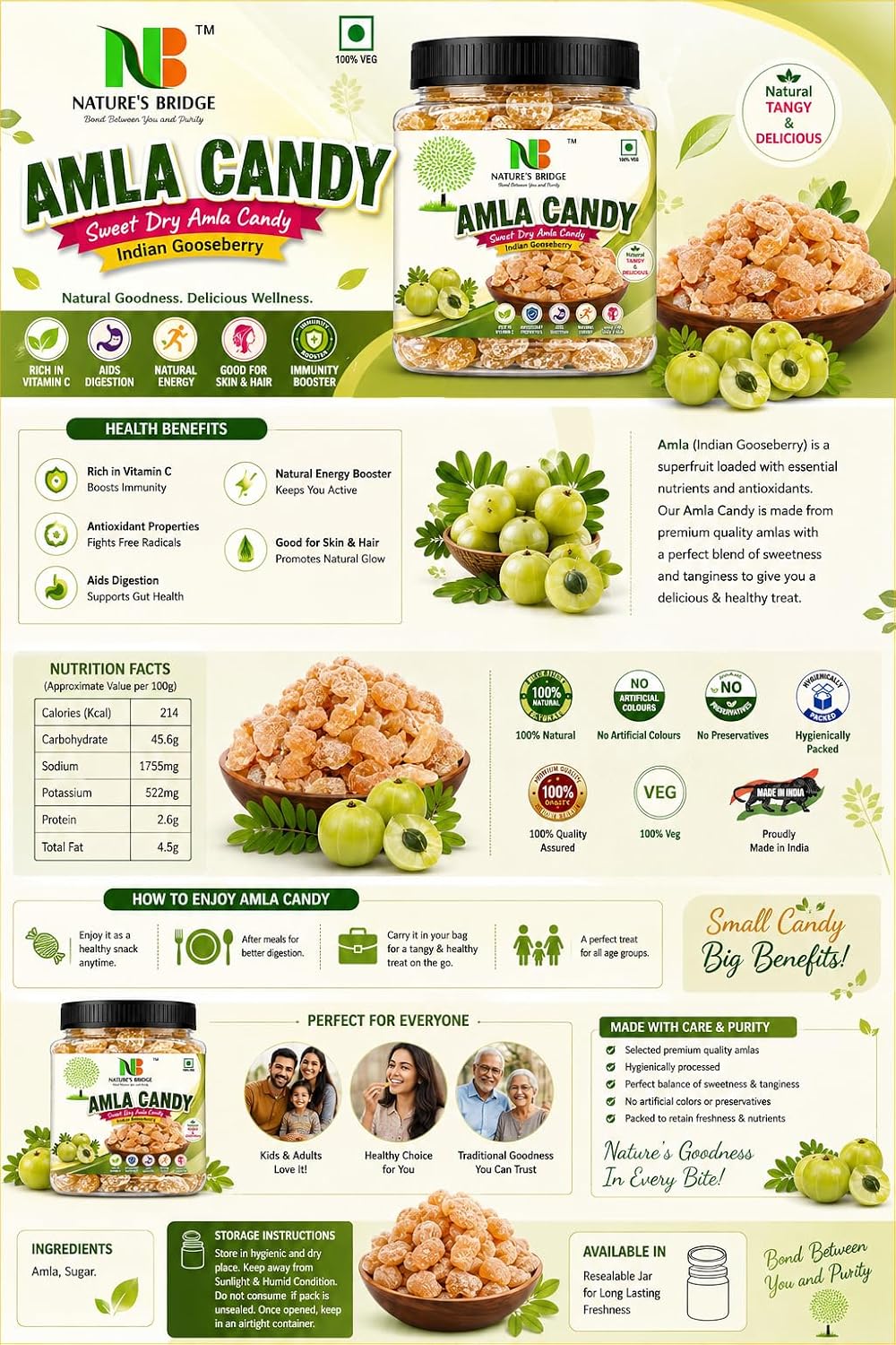 Nature's Bridge Natural Dried Sweet Amla Candy 900 GM | Dry Amla Candy | Indian Gooseberries | Dried Amla