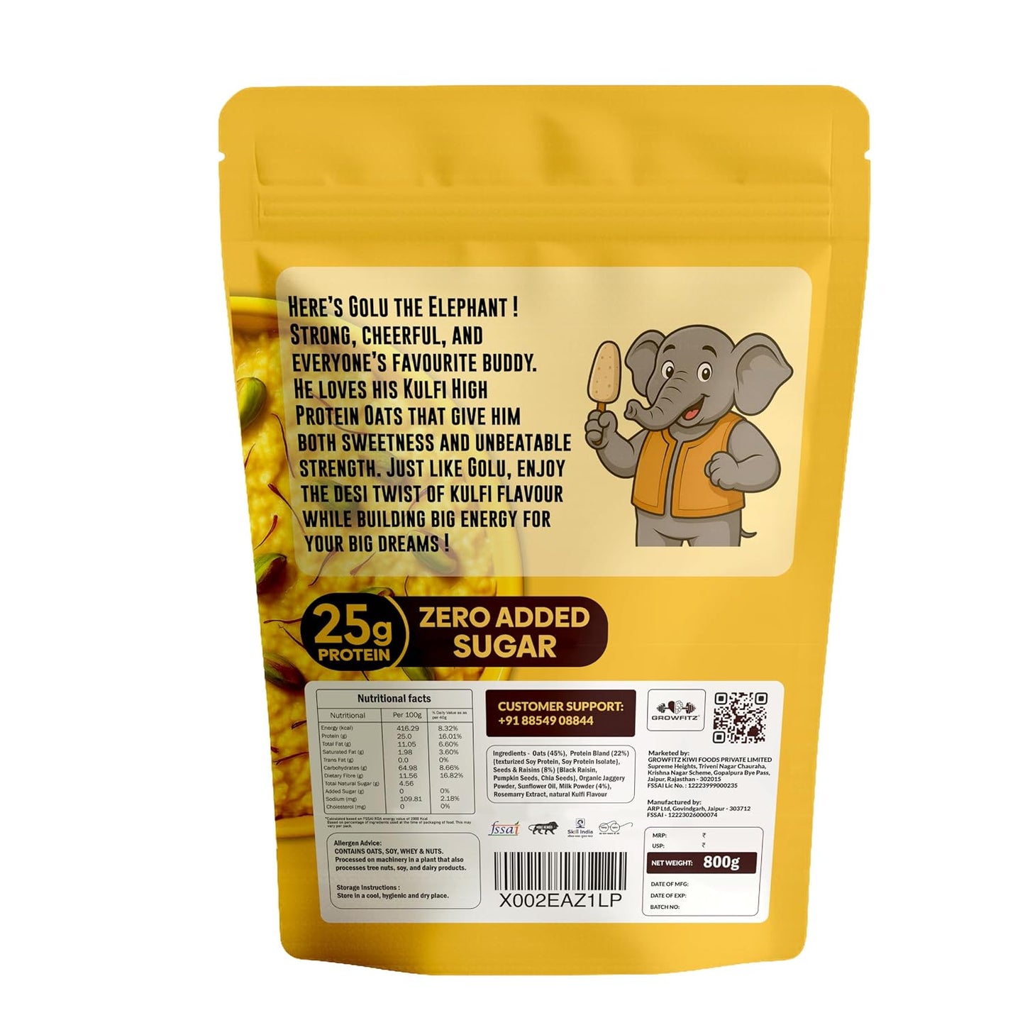 GrowFitz 25g High Protein Oats 800 Gram | Kulfi Flavor Breakfast Oatmeal | 12g High Fiber, Almonds, Raisin, Pumpkin, Chia Seeds, Super Rolled Oats | Healthy Fats, No Added Sugar (Pack of 1)