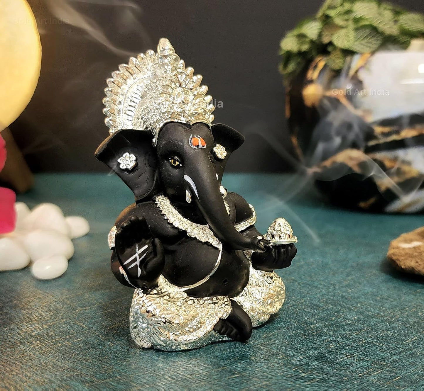 Gold Art India 999 Silver Plated Idol for Ganesh Idol for Car Dashboard God Ganesha Idol for Home Decor Ganpati for Gift Silver Mukut Silver Black, Idol