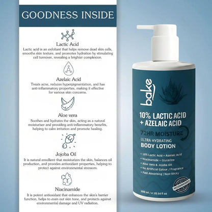 BAKE 10% Lactic Acid Body Lotion with Azelaic Acid | Smooths Rough & Bumpy Skin, Exfoliates Skin & Reduces Body Acne | Ultra Hydrating Body Lotion | 300ml