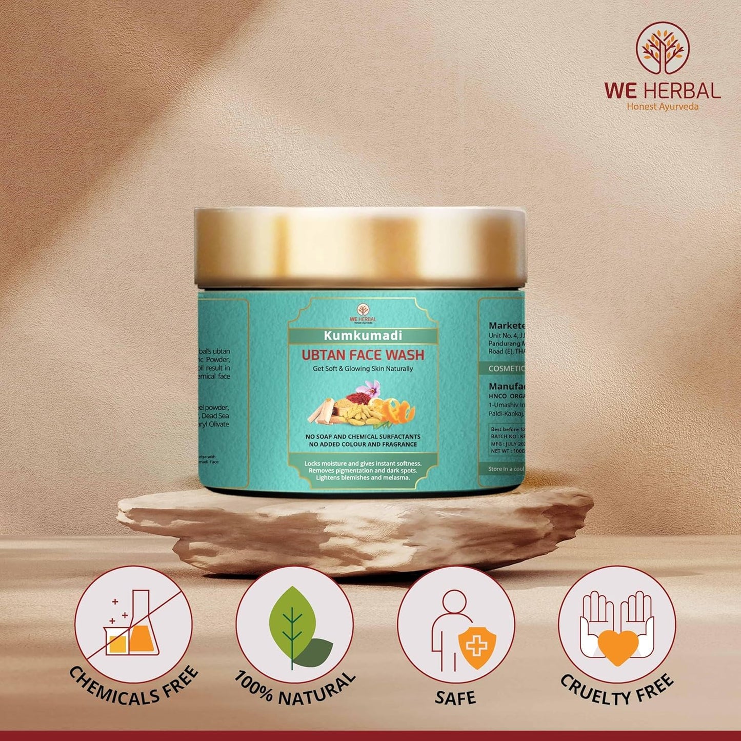 WE HERBAL Kumkumadi Ubtan Face Wash for Glowing Skin 100g, Ayurvedic Brightening Cleanser with Saffron, Turmeric and Dead Sea Mud, Reduce Dark Spots Remove Tan and Provide 72 Hour Hydration, No Artificial Colour, No Fragrance