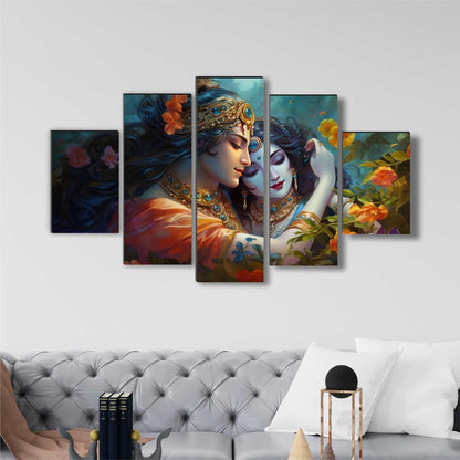 Radha krishna Paintings for Living Room | Painting for Wall Decoration | 3D Wall Art for Bedroom | Radha krishna Religious Wall Painting Set of 5 (75 x 45 cms) SANFPNLS35496