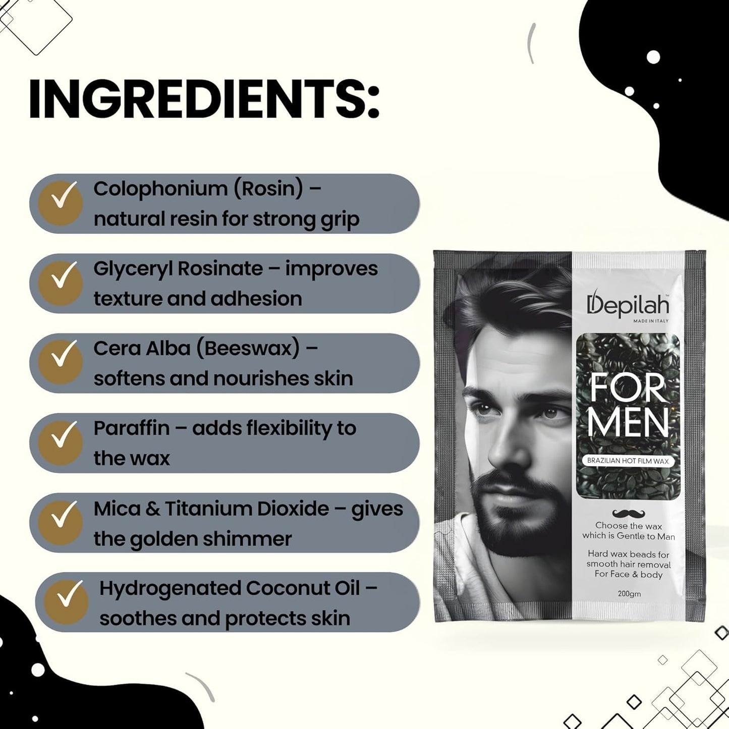 DEPILAH Brazilian Wax - 200 gm Face Wax | Hair Wax For Men | Painless Wax For Beard, Chest, & Full Hair Removal | Stripless Full-Body Waxing | Quick & Easy Tan Removal | Vegan & Cruelty-Free