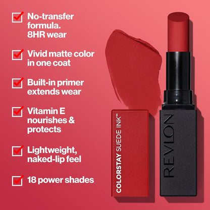 Revlon Lipstick, ColorStay Suede Ink, Built-in Primer, Infused with Vitamin E, Waterproof, Smudge-proof, Matte Color, 003 Want It All, 2.55 g