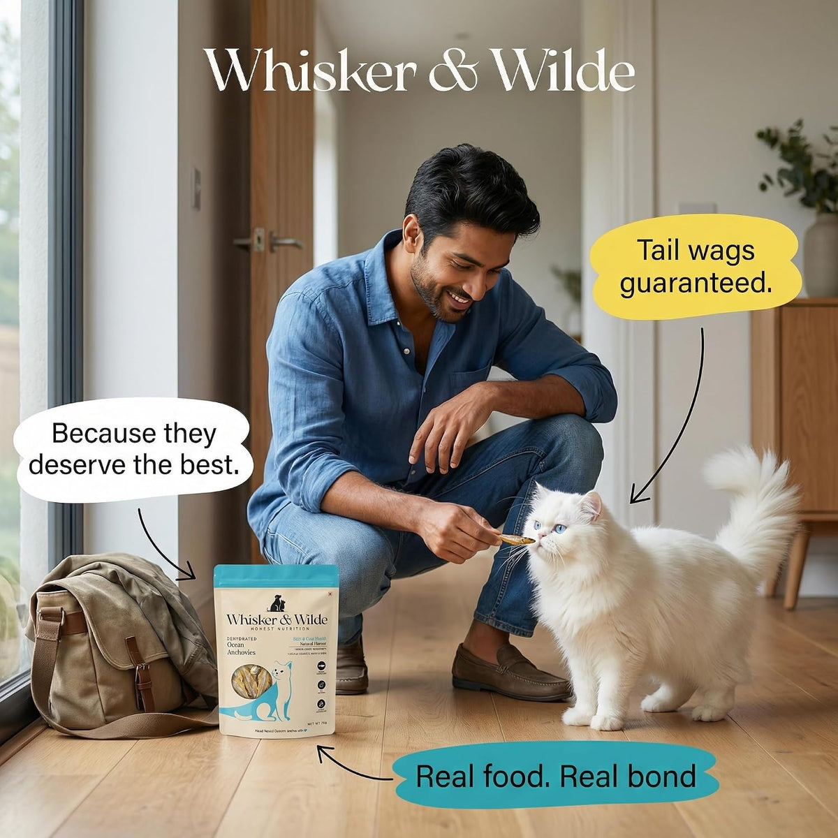 Whisker and Wilde Dehydrated Anchovies | Cat Treats | Natural Taurine & Omega-3 | Heart Health & Silky Coat | Training and Reward | Dental Chew | Human-Grade | No Preservatives | 70g