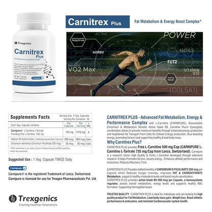 Trexgenics® CARNITREX PLUS -CARNIPURE (Lonza, Switzerland) L-Carnitine L-Tartrate 735mg,Chromium Picolinate 208 mcg and Active folate 200 mcg - Synergistic Fat Metabolism, Energy, Endurance & Performance Boost Advanced formula (60 Veg. Capsules) pack of 1