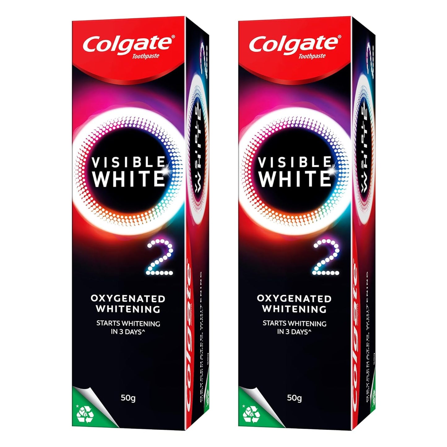 Colgate Visible White O2, Teeth Whitening Toothpaste (50g) for noticeably whiter teeth starting in 3 days. Peppermint Sparkle with Active Technology, Enamel Safe Teeth Whitening (Pack of 2)