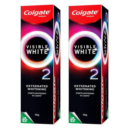 Colgate Visible White O2, Teeth Whitening Toothpaste (50g) for noticeably whiter teeth starting in 3 days. Peppermint Sparkle with Active Technology, Enamel Safe Teeth Whitening (Pack of 2)