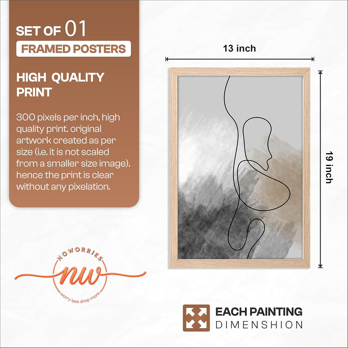 Abstract Line Art Wall Painting with Frame Set of 1 | Minimalist Woman Face Sketch Artwork, Modern Grey Black Aesthetic Wall Decor for Living Room, Bedroom, Office and Home Decoration (3D Art-3,13x19inch)