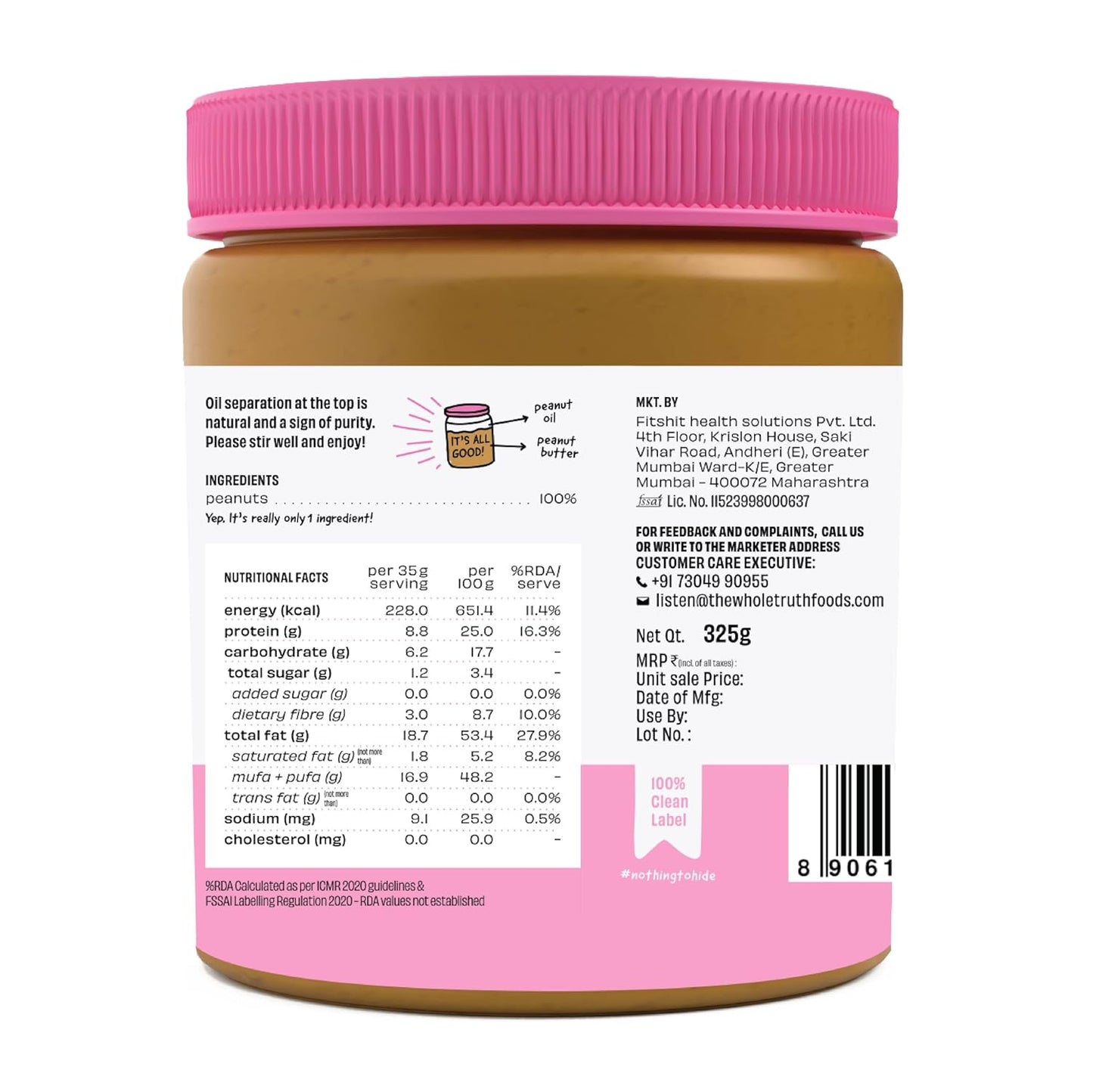 The Whole Truth - Peanut Butter - Crunchy - 325g - Unsweetened - Gluten Free
