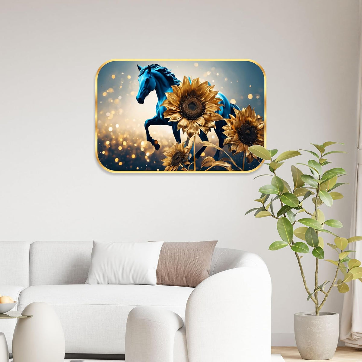 Running horse modern art Premium Sparkle Lamination Finished Surface Golden Slim Frame 35 cm x 28 cm Large Size, For Home/Office/Hotel painting KG48