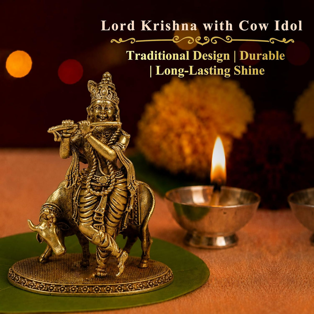 3 Inch Pure Brass Lord Krishna with Cow Idol | Flute Playing Kanha Murti for Mandir, Pooja Room, Home Temple, Pooja, Vastu & Spiritual Décor | Ideal for Diwali & Festive Gifting (Pack of 1)
