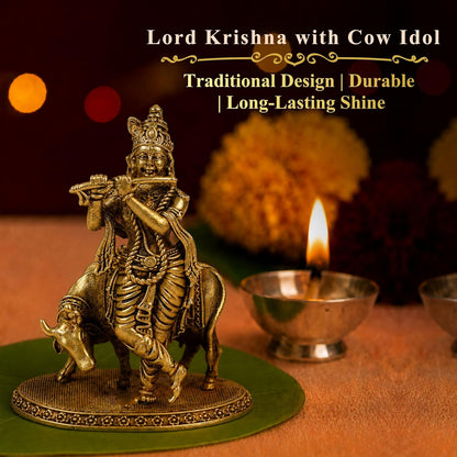 3 Inch Pure Brass Lord Krishna with Cow Idol | Flute Playing Kanha Murti for Mandir, Pooja Room, Home Temple, Pooja, Vastu & Spiritual Décor | Ideal for Diwali & Festive Gifting (Pack of 1)
