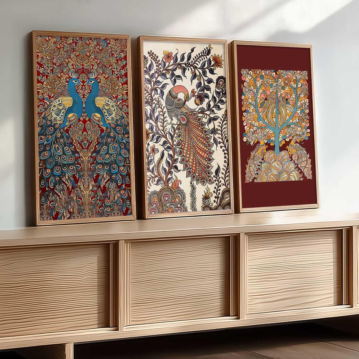Indian Traditional Art Wall Painting Madhubani Home Decoration With Frame For Living Room Bed Room Hotel Wall Decor Digital Reprint Engineered Wood Set of 3 (Art 11, 10x19 inch)