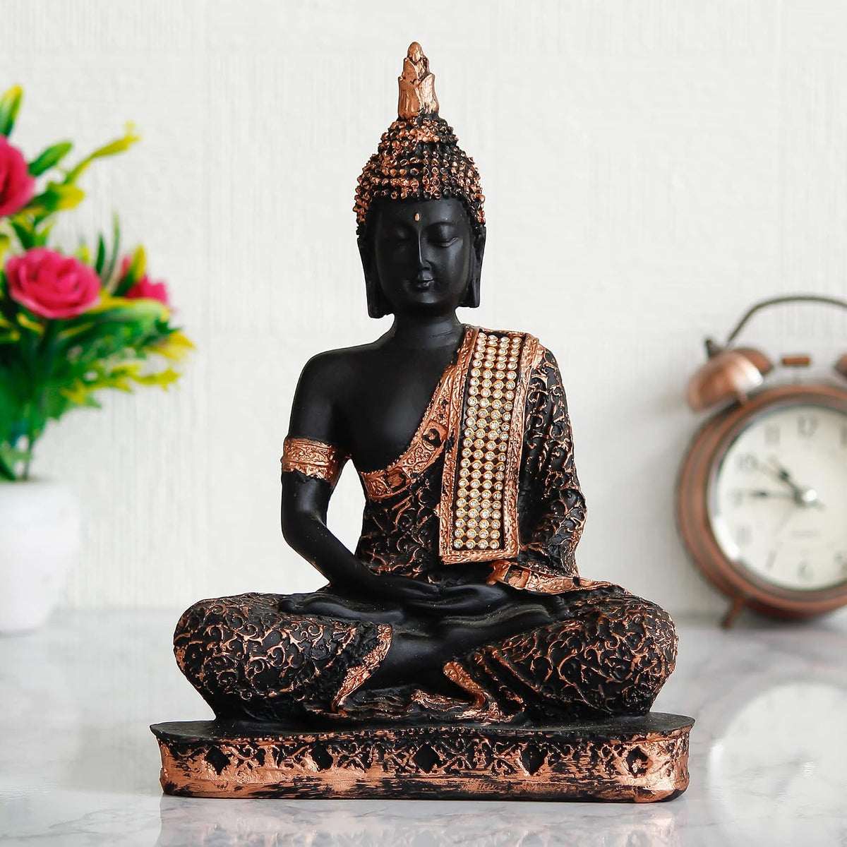 eCraftIndia Black & Copper Polyresin Handcrafted Meditating Lord Buddha Statue - Perfect for Home Decor - Ideal for Meditation, Yoga Enthusiasts - Thoughtful Gift for Diwali, Birthday