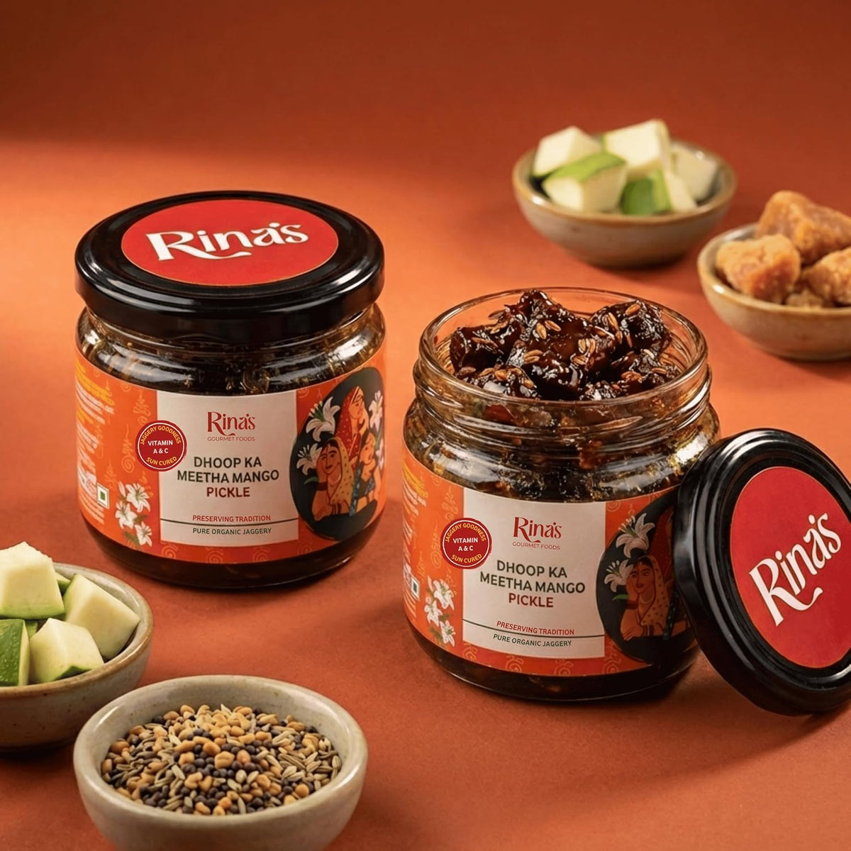 Mango Pickle Mango Achar Sweet Aam Ka Meetha Achar Rina's Dhoop Ka Meetha Sun Cured Mango Pickle with Organic Jaggery and Panchphoran Masala, No Artificial Preservatives