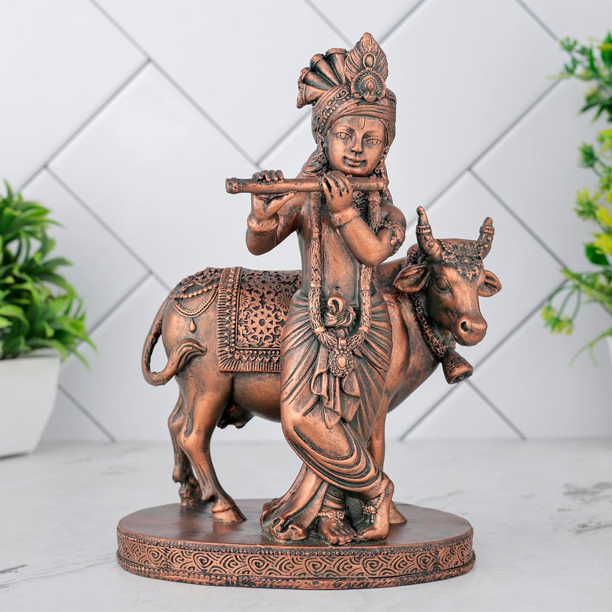 Krishna Cow Idol Statue Showpiece for Pooja Home Decor Items for Living Room and Gifts (Antique Copper)