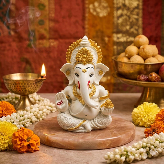 JOY LAND Lord Ganesha Car Dashboard Idol | White & Gold Ganesh Murti for Car Dashboard, Home & Office Decor (Off White)