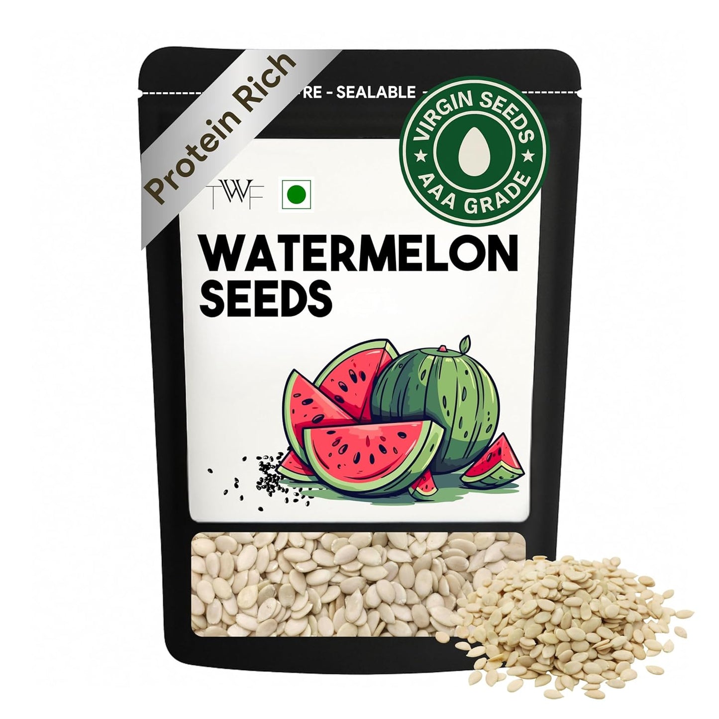 TWF Virgin Watermelon Seeds | AAA Grade Seeds for Eating | Gluten Free | Tarbuj Beej | Magaj Seeds | Non GMO | Rich In Protein & Dietary Fibre | Without Shell | Resealable Pack | Healthy Snack | Unroasted | Unsalted | Highest Natural Potency
