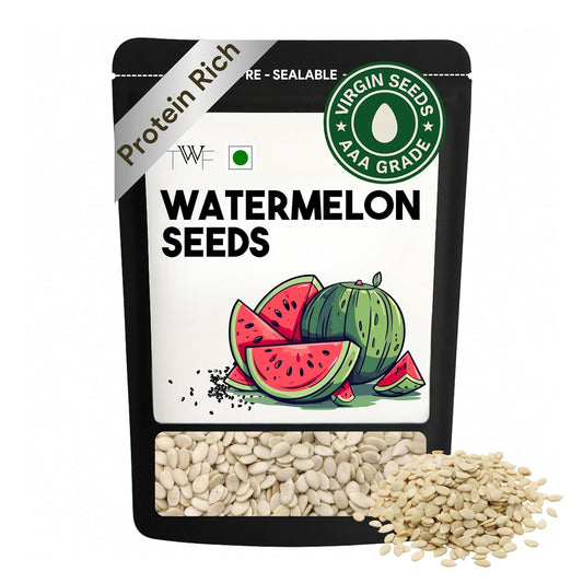 TWF Virgin Watermelon Seeds | AAA Grade Seeds for Eating | Gluten Free | Tarbuj Beej | Magaj Seeds | Non GMO | Rich In Protein & Dietary Fibre | Without Shell | Resealable Pack | Healthy Snack | Unroasted | Unsalted | Highest Natural Potency