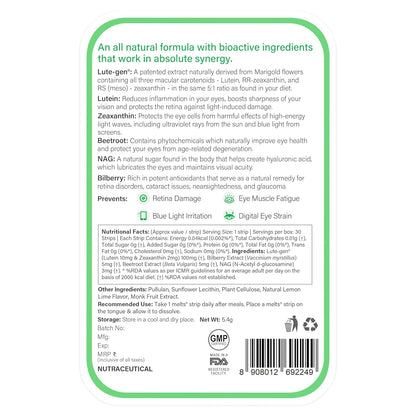 Wellbeing Nutrition Melts Eye Care Vitamins with Lutemax 2020 (Lutein + Zeaxanthin), Bilberry, Beetroot | Prevents Blue Light Damage, Glare Sensitivity & Digital Strain Guard (30 Oral Strips)