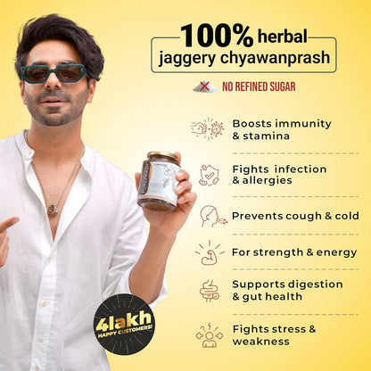 Man holding a jar of jaggery chyawanprash with product benefits on a yellow background