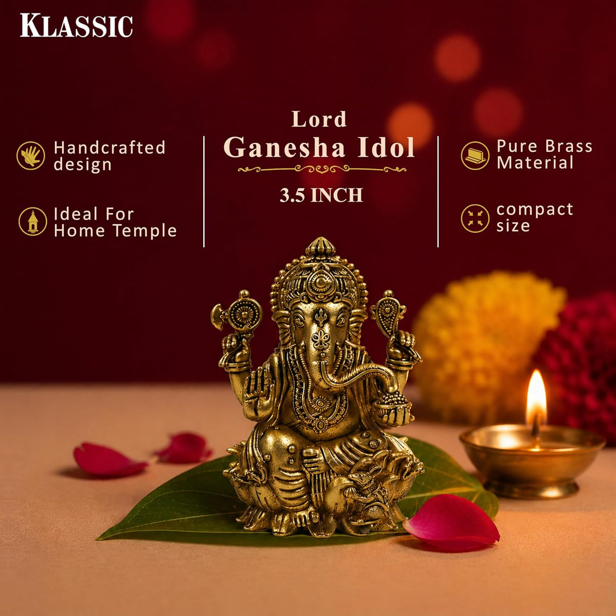 3.5 Inch Pure Brass Lord Ganesha Idol | Handcrafted Antique Finish Murti | Perfect for Pooja Room, Home Temple & Pooja | Ideal for Diwali, Housewarming & Festive Celebrations