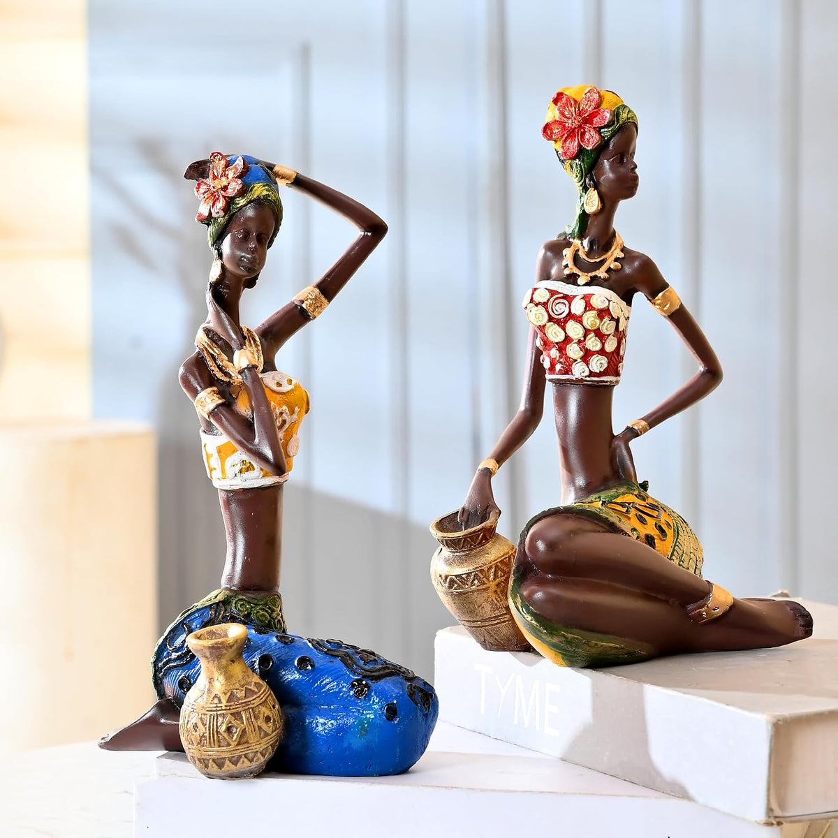 African Lady Statue with Pot| Graceful and Cultural Home Décor (Pack of 2, Yellow, Blue)