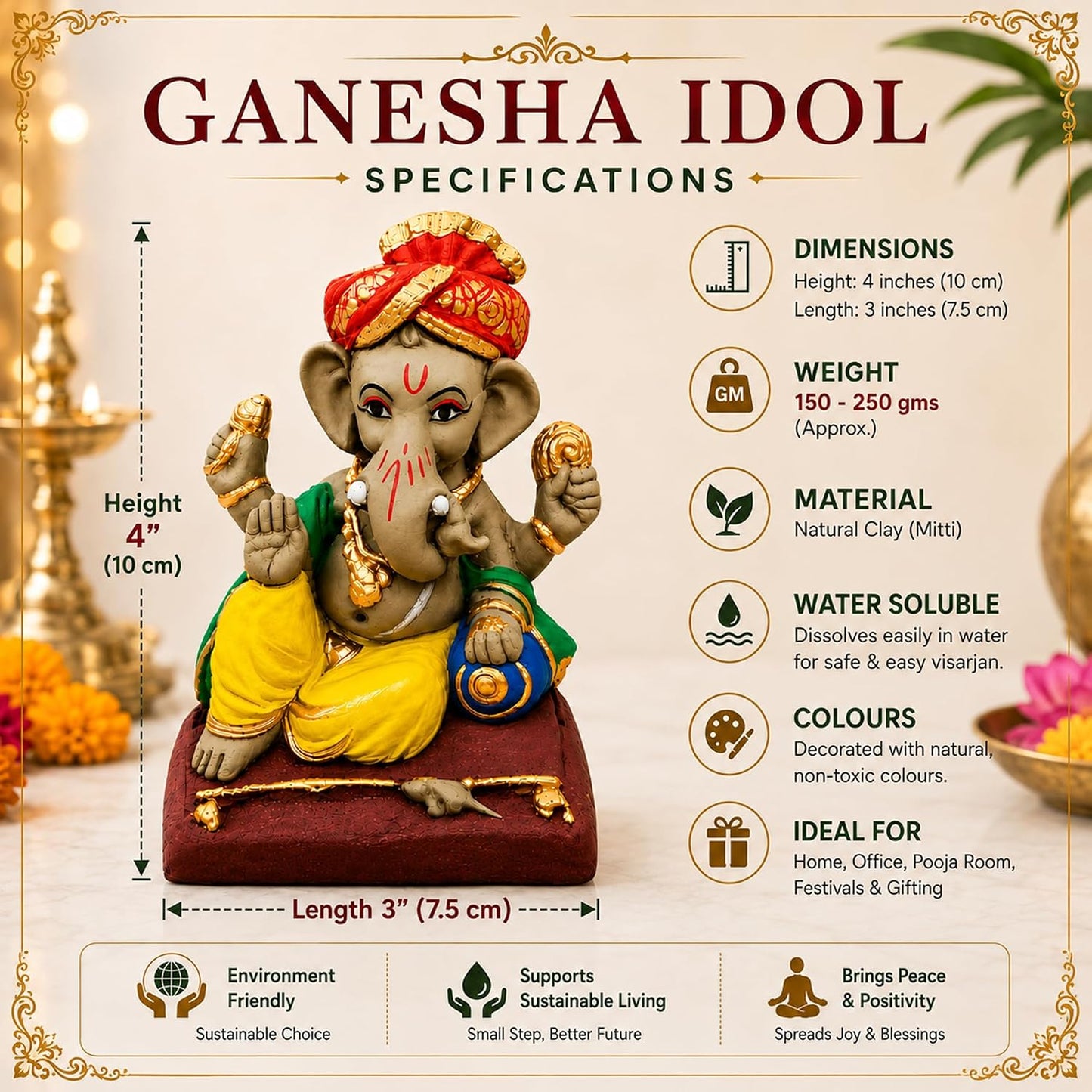 SHOPMEFAST Clay Ganesh Idol, 4 Inches Height, Water Soluble Ganpati Murti for Ganpati Visarjan (Small) (Multicolor - Pagri Ganesha)